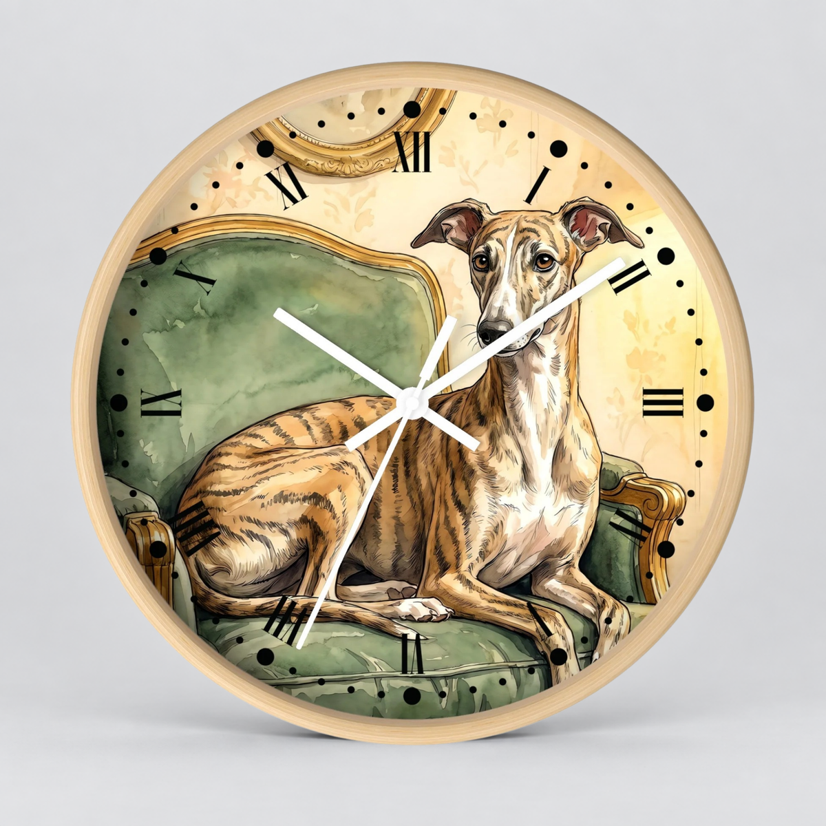 Round wall clock with a light wood frame and a vintage-style illustration of a greyhound sitting on a green armchair against a cream background, with black Roman numerals and white clock hands.
