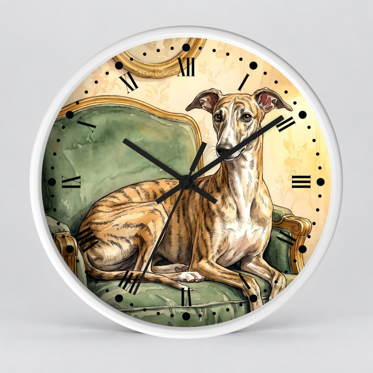 Round wall clock with a white frame and a vintage-style illustration of a greyhound sitting on a green armchair against a cream background with black Roman numerals.