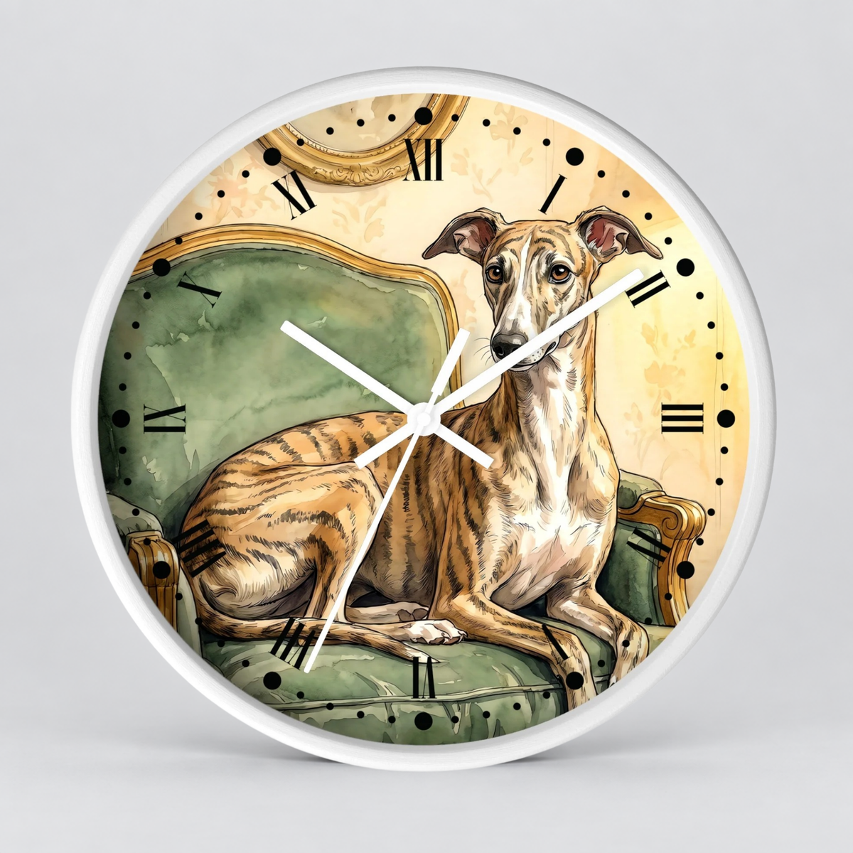Round wall clock with a white frame and a vintage-style illustration of a greyhound sitting on an antique green armchair against a cream background with Roman numerals.