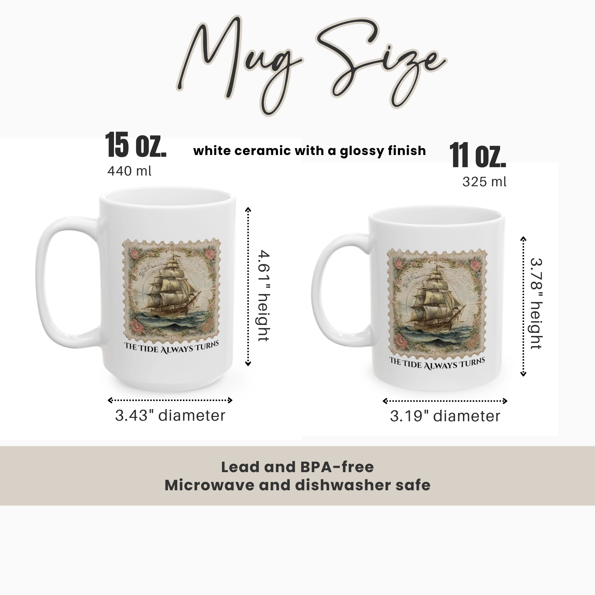 Two mugs with ship design on a white background, showing measurements and product details.