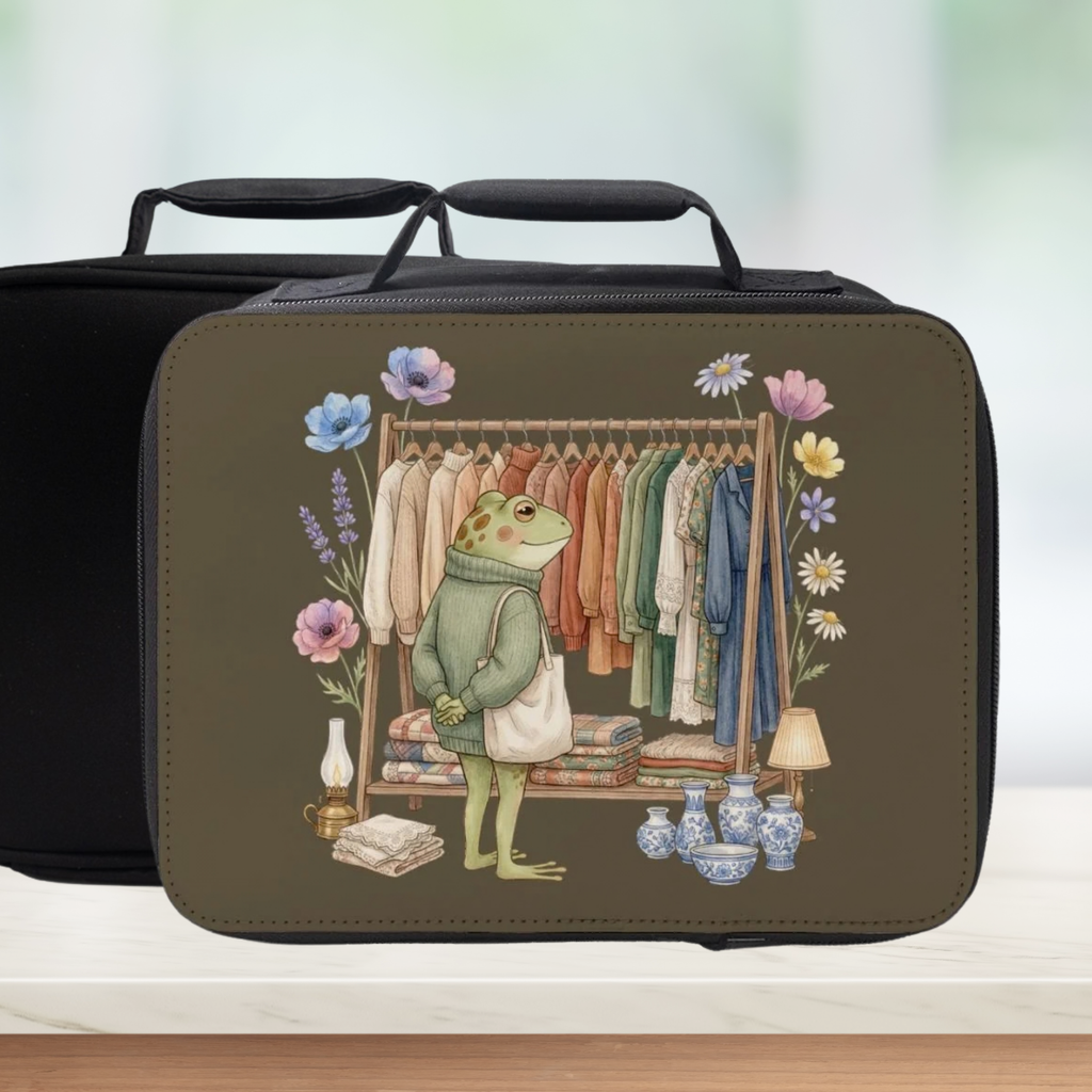 Lunch bag with a frog design standing in front of a wardrobe with clothes and flowers.