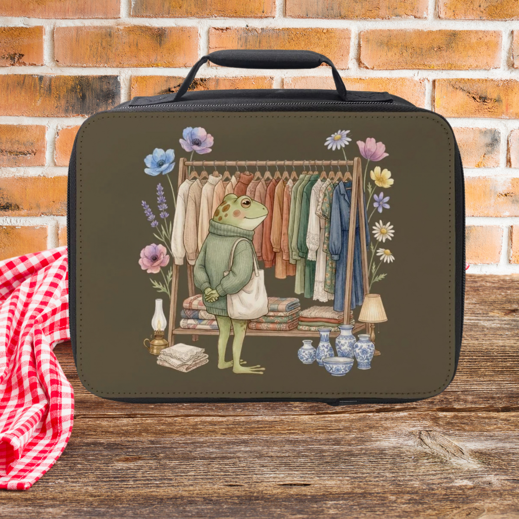 Lunch bag with a frog illustration standing in front of a wardrobe on a wooden picnic table against a brick wall background