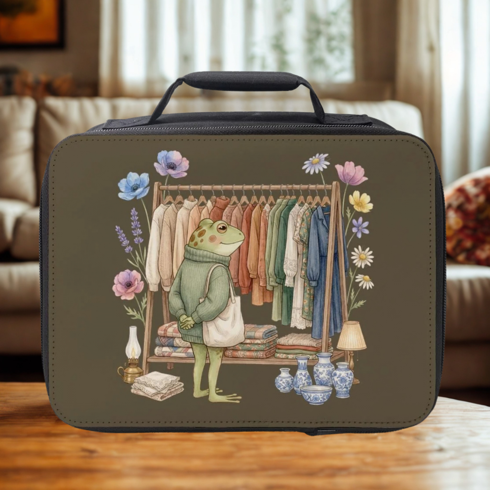 Lunch bag with a frog illustration in a clothing store setting on a wooden table in a cozy living room.