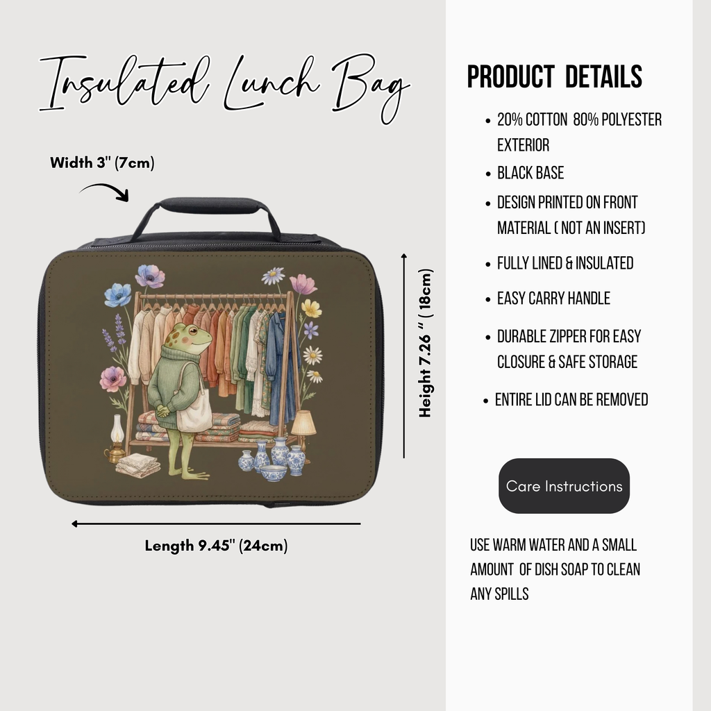 Insulated lunch bag with frog design and product details on a white background