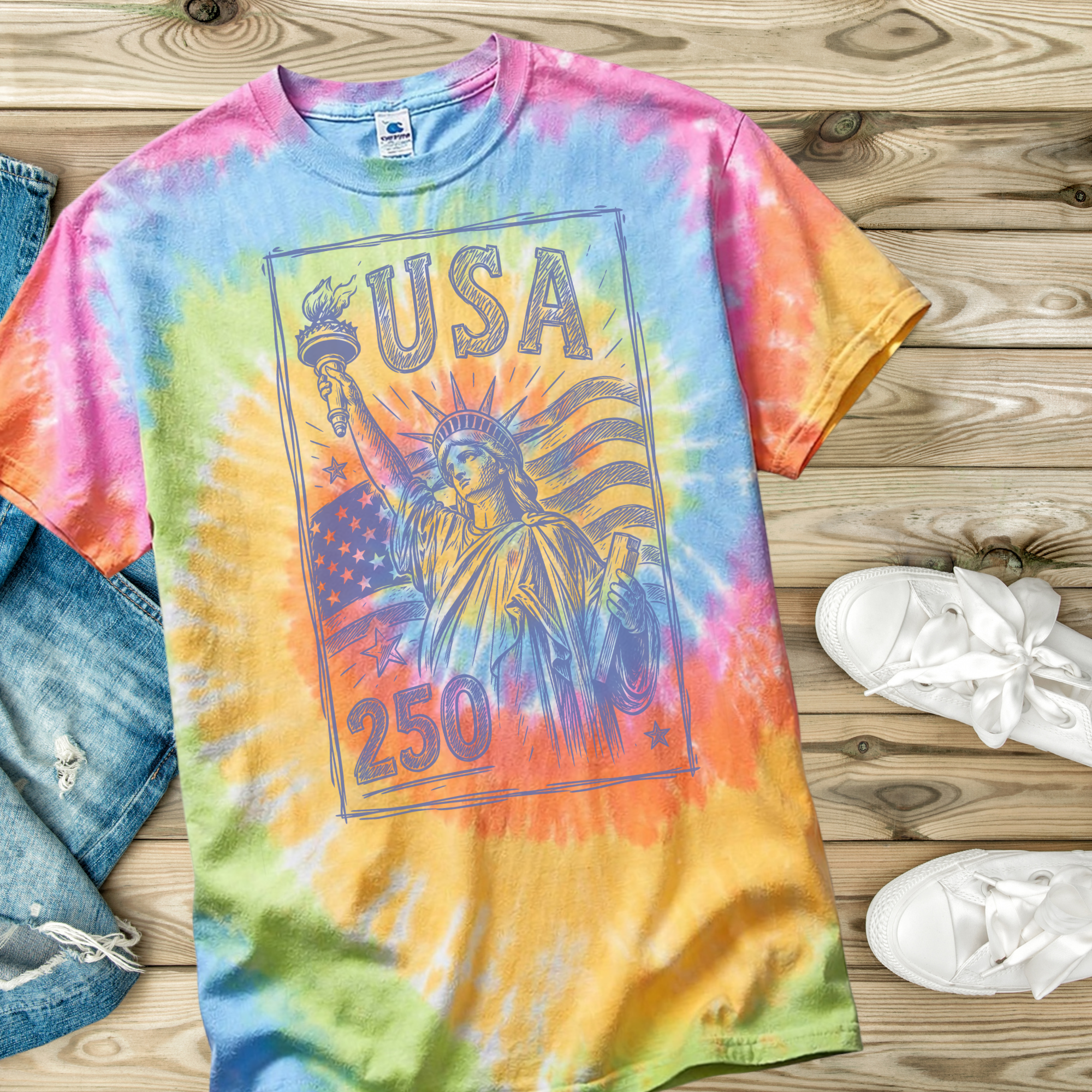 Colorful tie-dye t-shirt with 'USA 250' design on a wooden surface with jeans and sneakers.