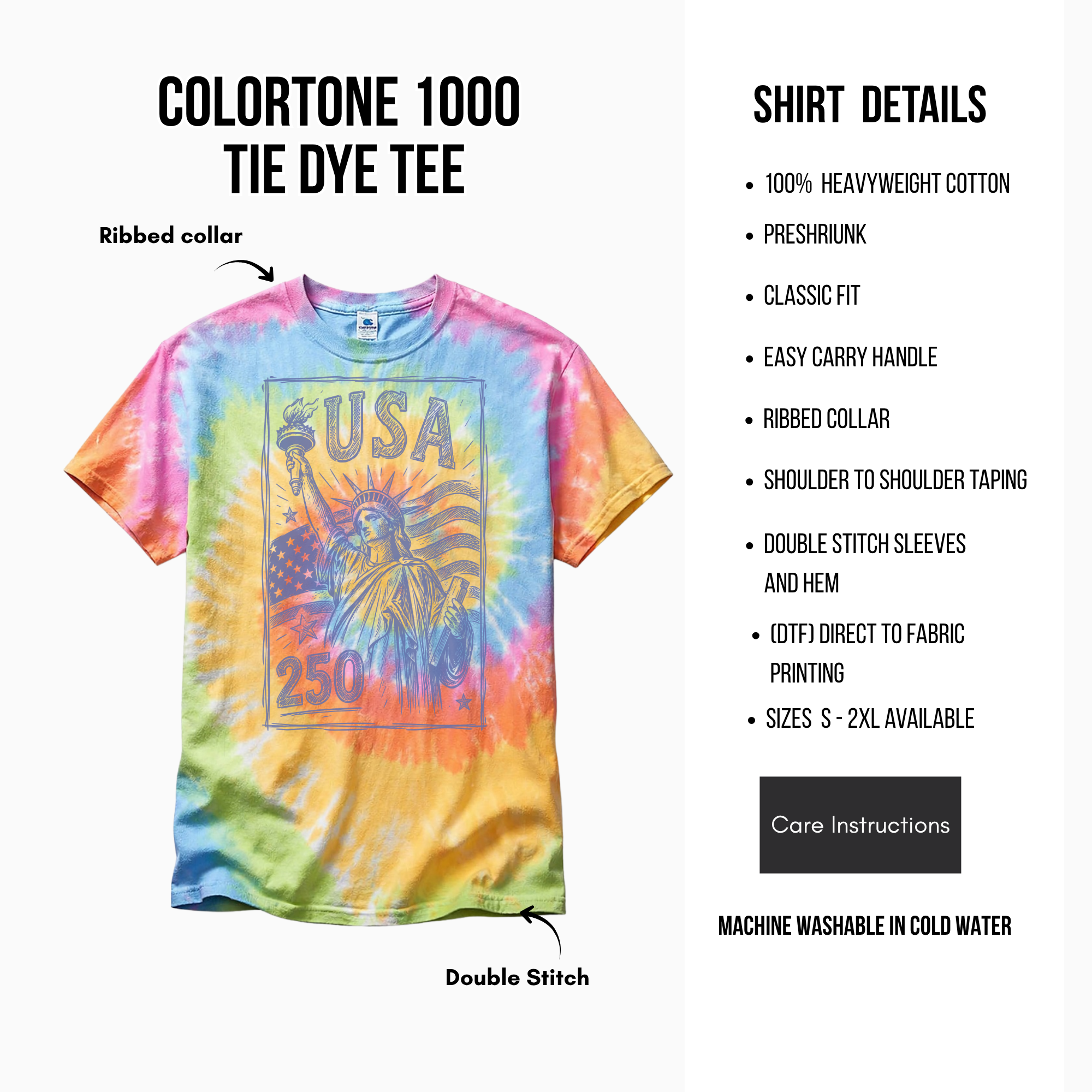 Tie-dye t-shirt with 'USA 250' design on a white background with product details.