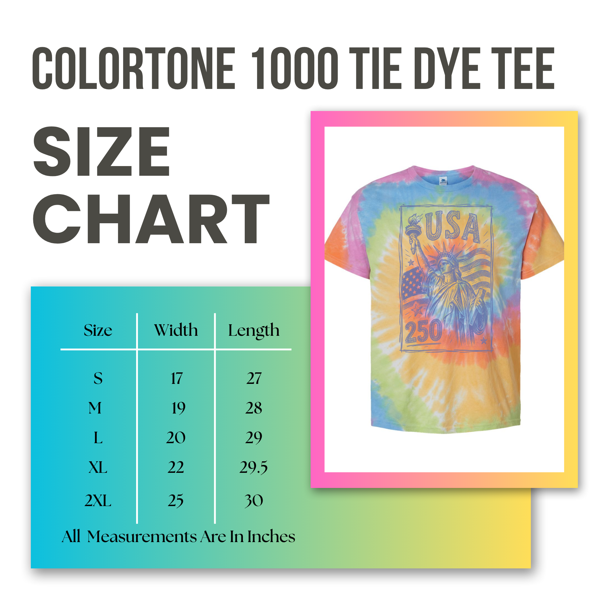 Coloritone 1000 Tie Dye Tee size chart with a t-shirt design featuring 'USA' and '250'.