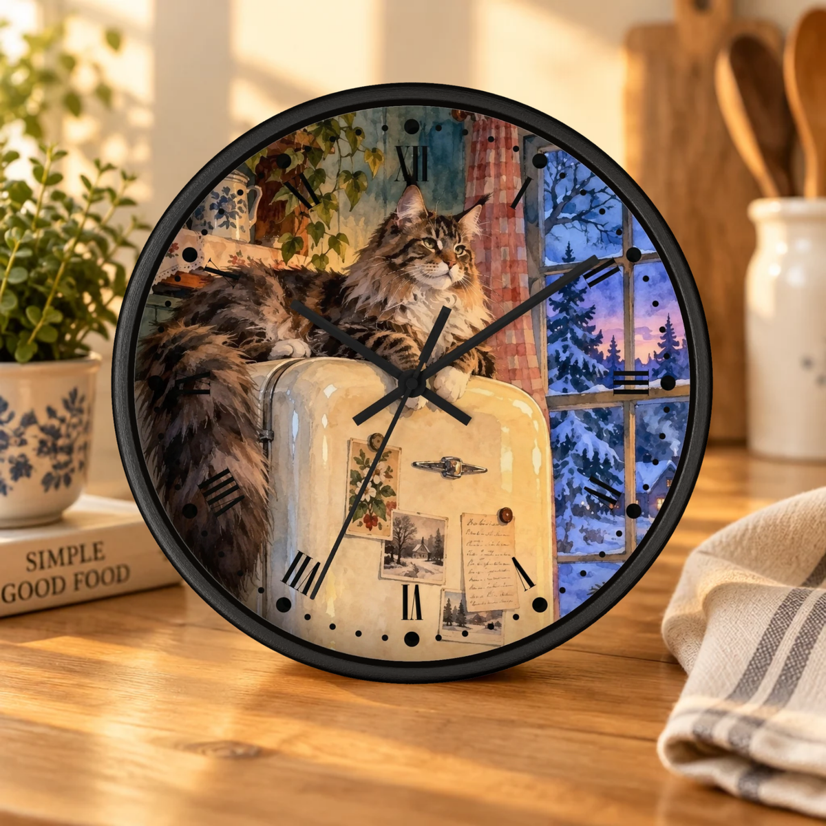 Vintage Main Coon Winter Window Wood Wall Clock