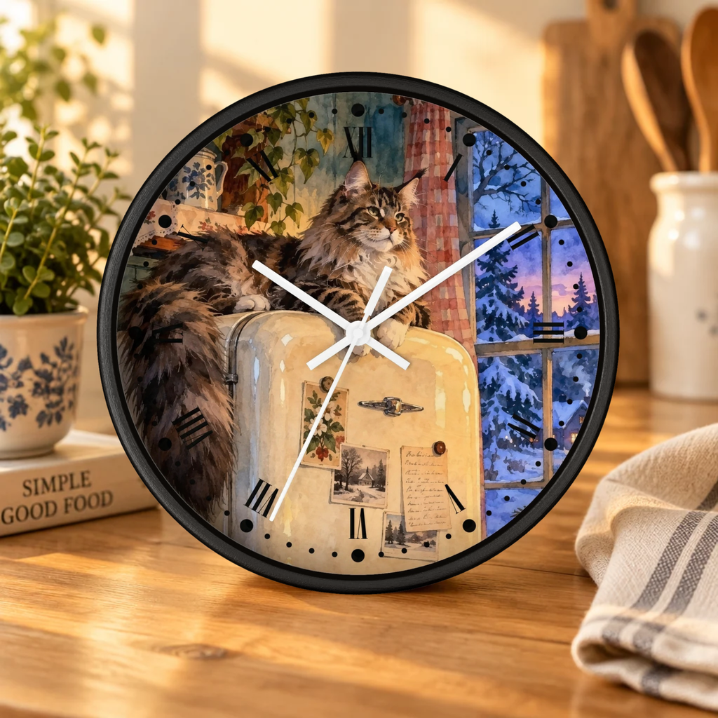 Vintage Main Coon Winter Window Wood Wall Clock