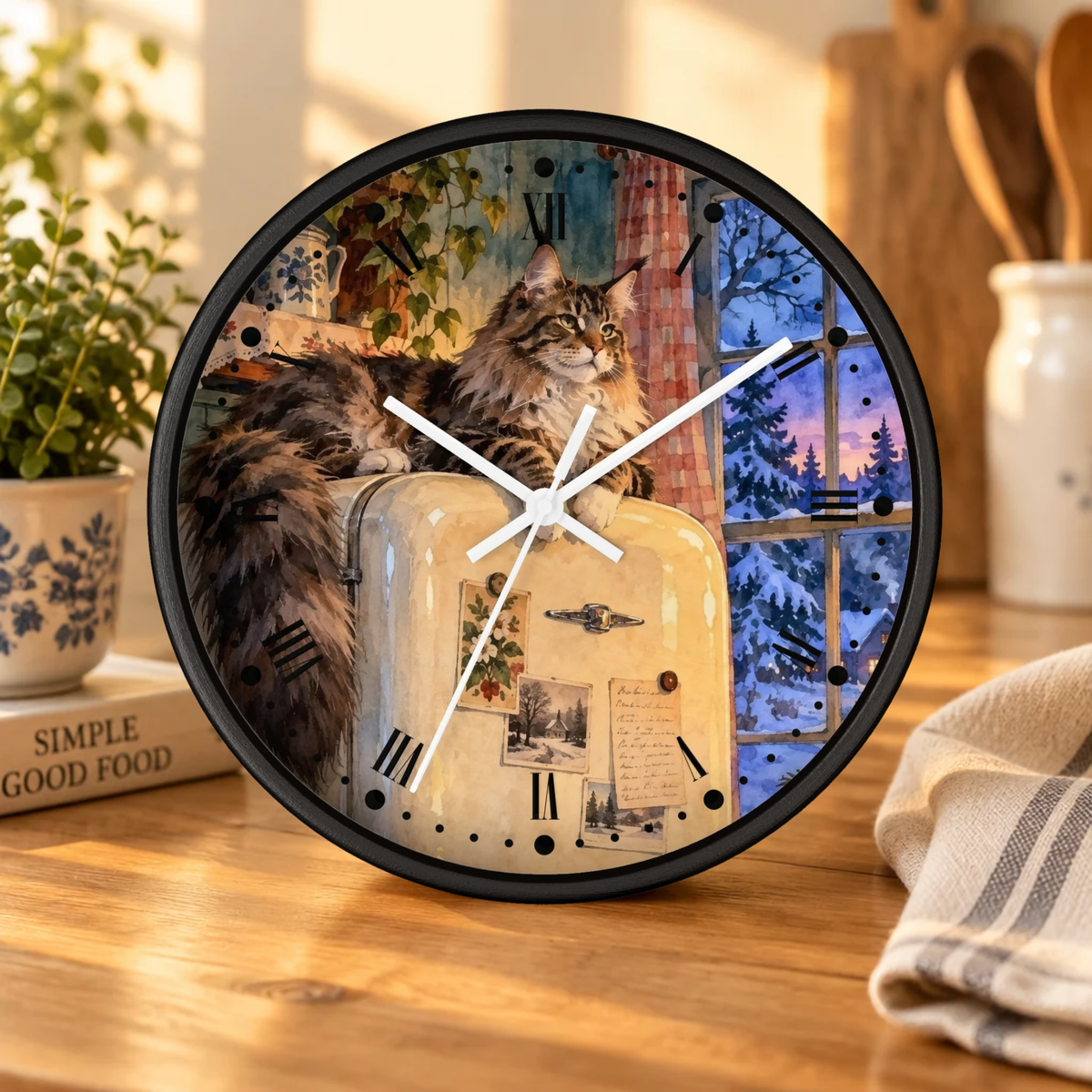 Vintage Main Coon Winter Window Wood Wall Clock