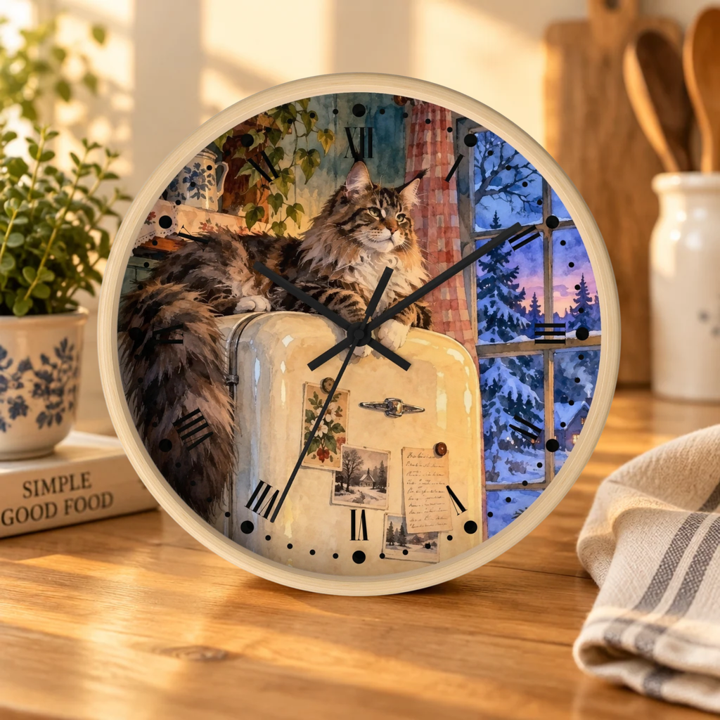 Vintage Main Coon Winter Window Wood Wall Clock