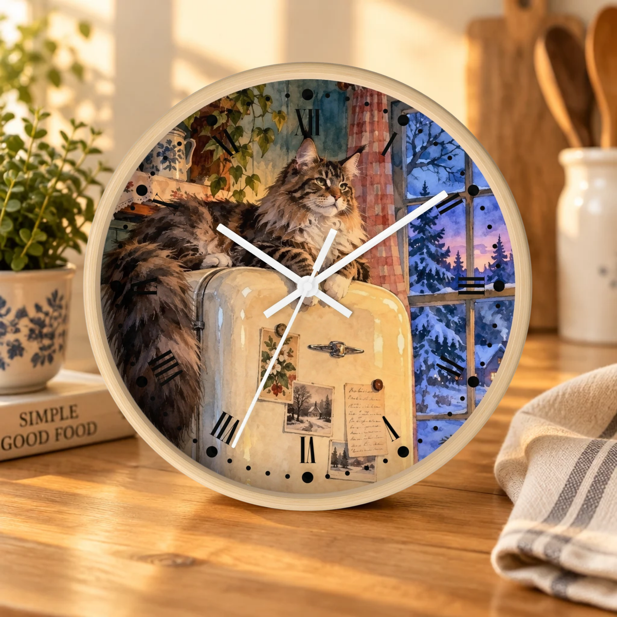 Vintage Main Coon Winter Window Wood Wall Clock
