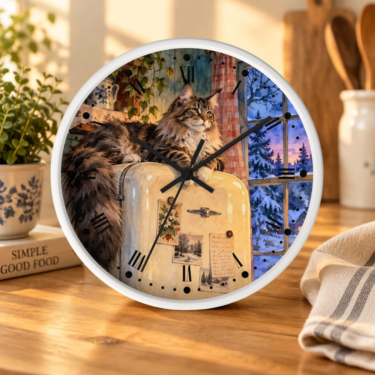 Vintage Main Coon Winter Window Wood Wall Clock