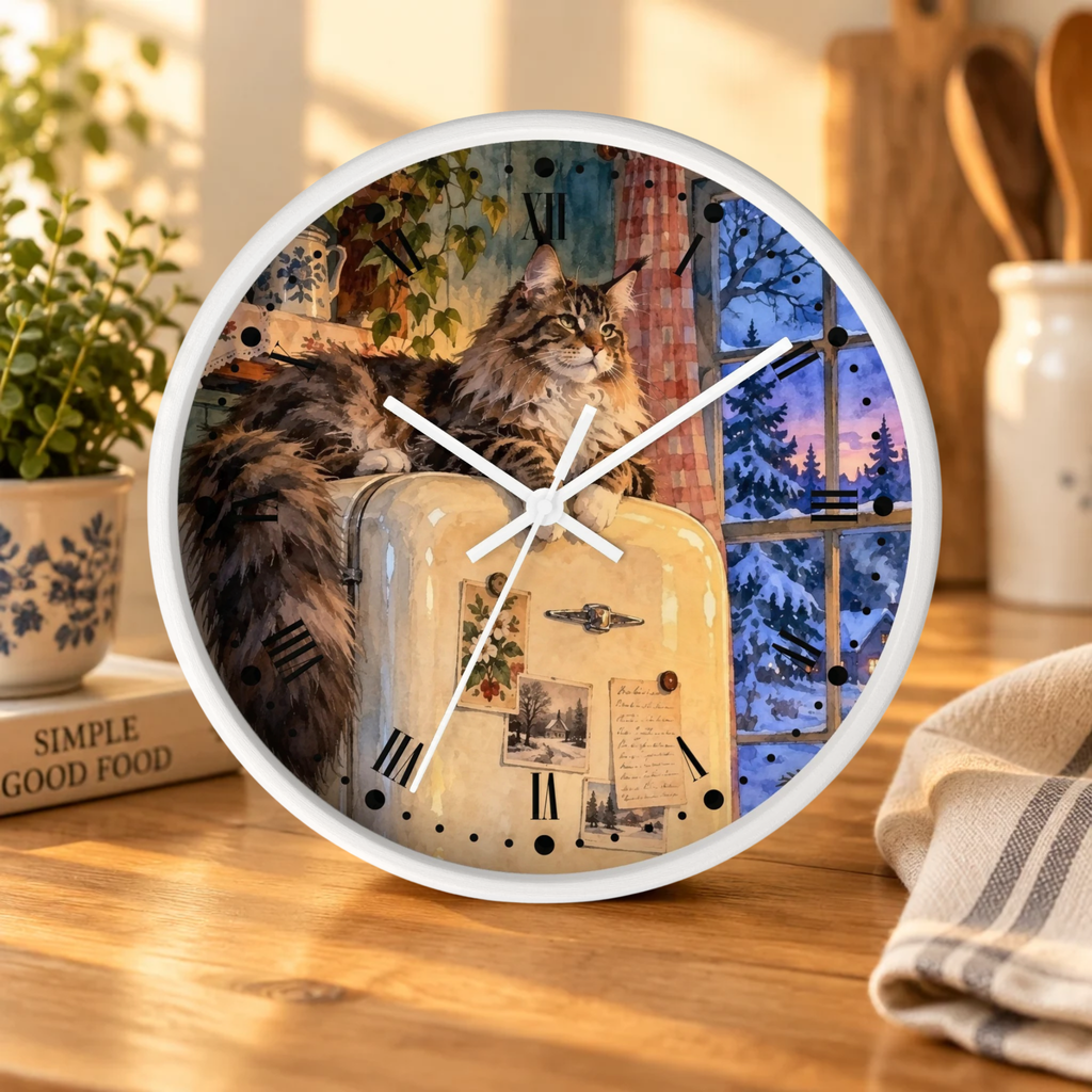 Vintage Main Coon Winter Window Wood Wall Clock