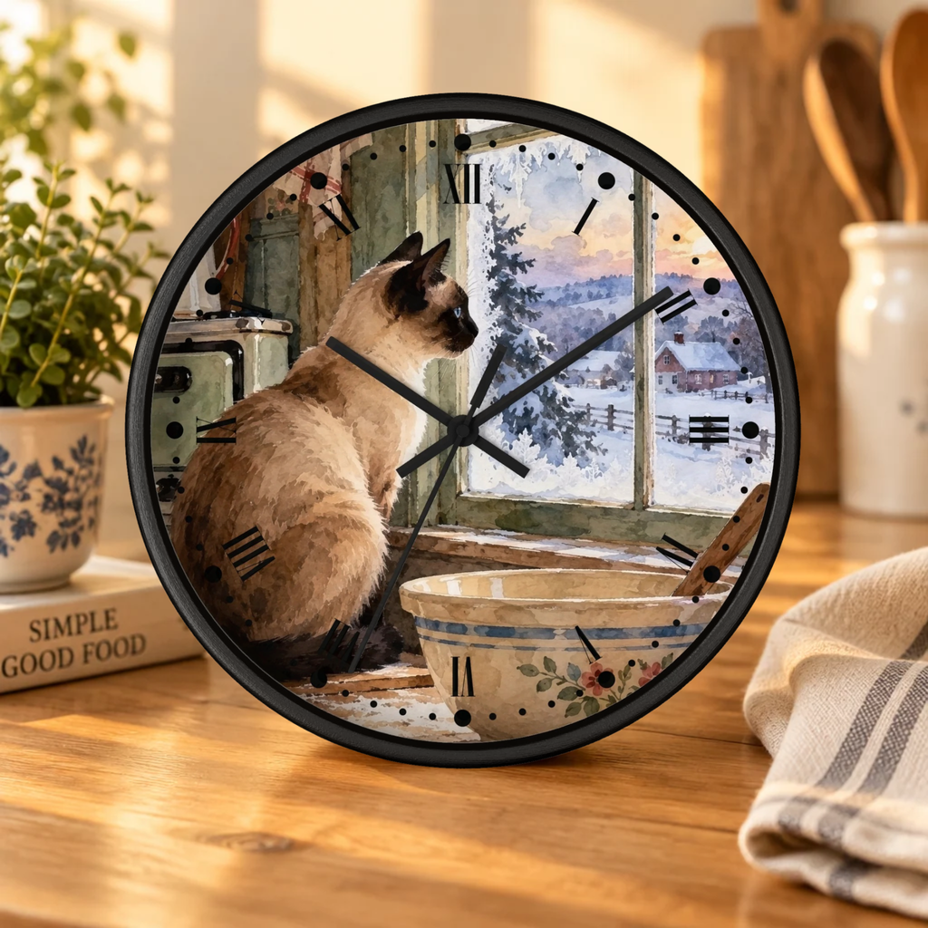 Siamese Cat by the Winter Kitchen Window Wood Wall Clock