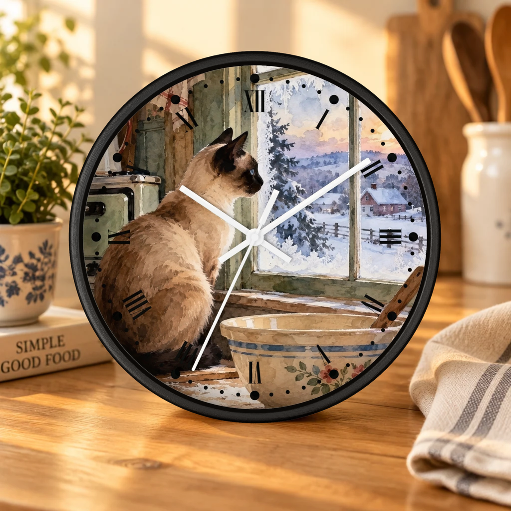 Siamese Cat by the Winter Kitchen Window Wood Wall Clock