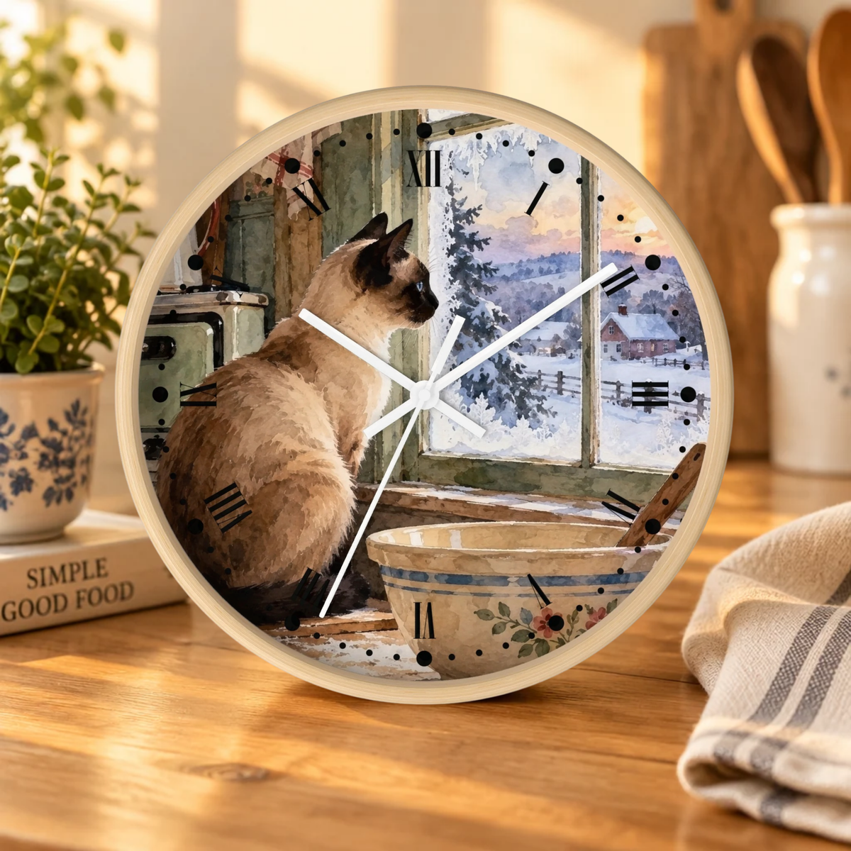 Siamese Cat by the Winter Kitchen Window Wood Wall Clock