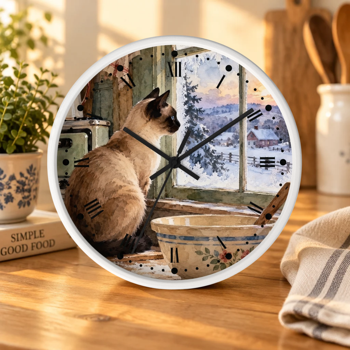 Siamese Cat by the Winter Kitchen Window Wood Wall Clock