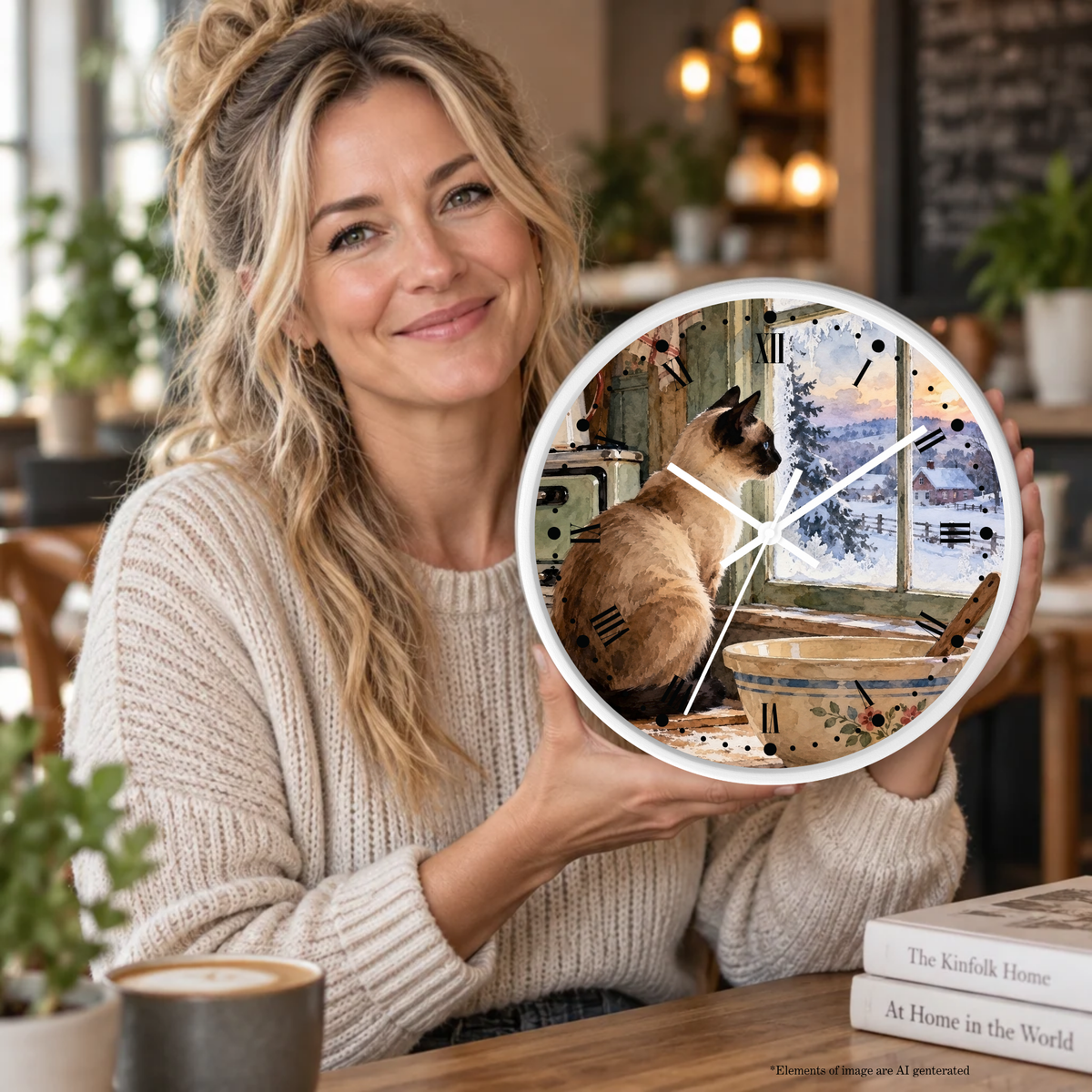 A woman in a cozy cafe setting holds up a round wall clock featuring a Siamese cat sitting by a window with a winter scene outside.