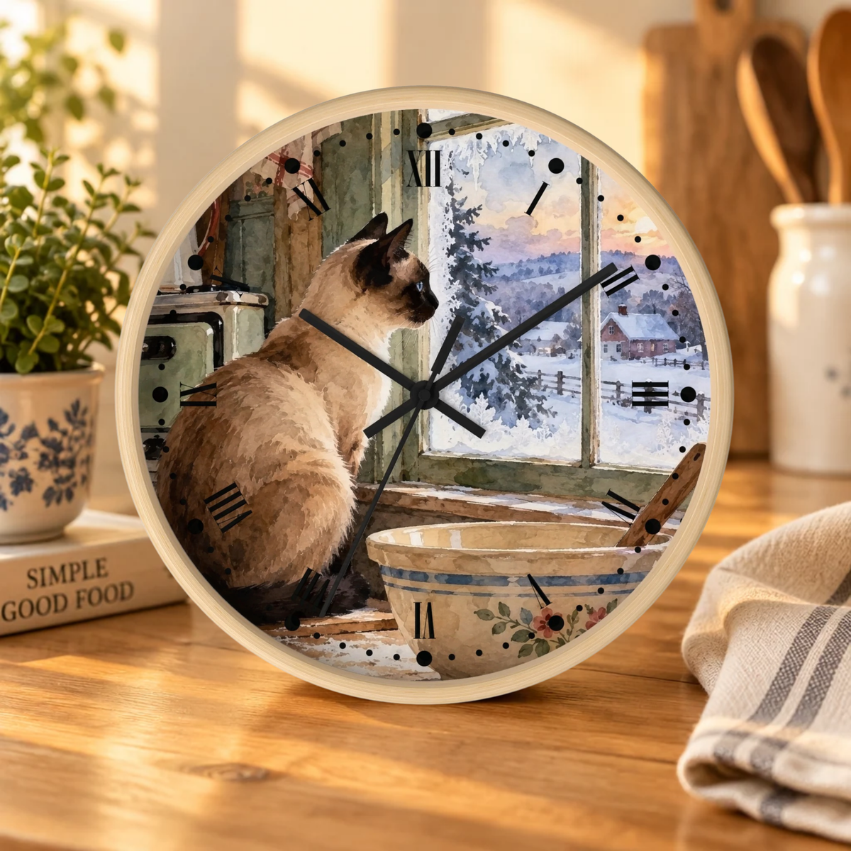 Round wall clock with a printed design of a Siamese cat sitting by a window in a snowy kitchen, shown on a wooden tabletop in a kitchen setting.