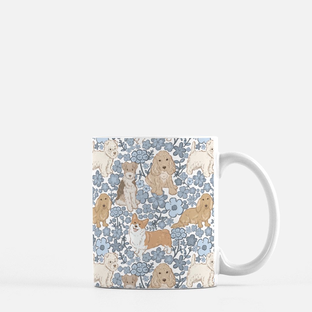 11oz Mug with dog and floral pattern on a white background