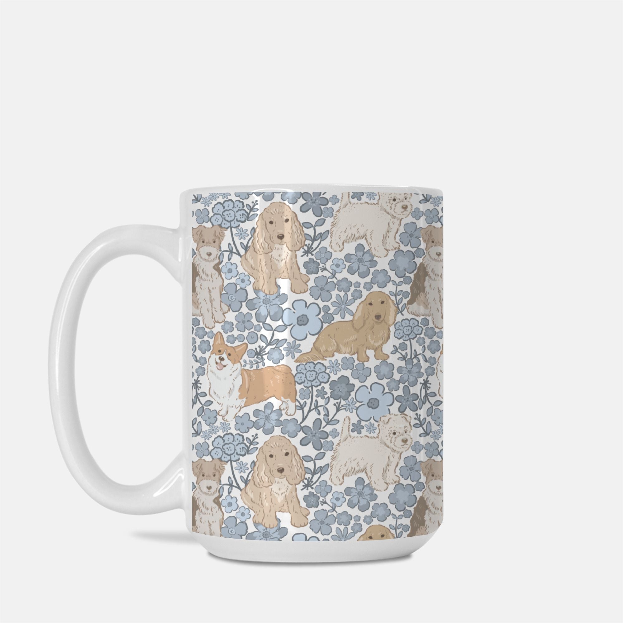 Mug with dog and floral pattern on a white background
