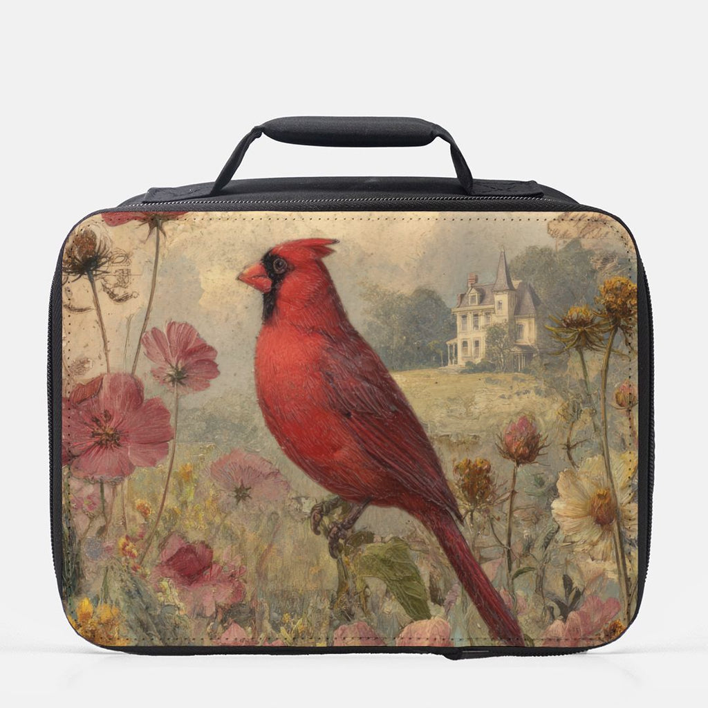 Lunch bag with a red cardinal and floral design on a white background
