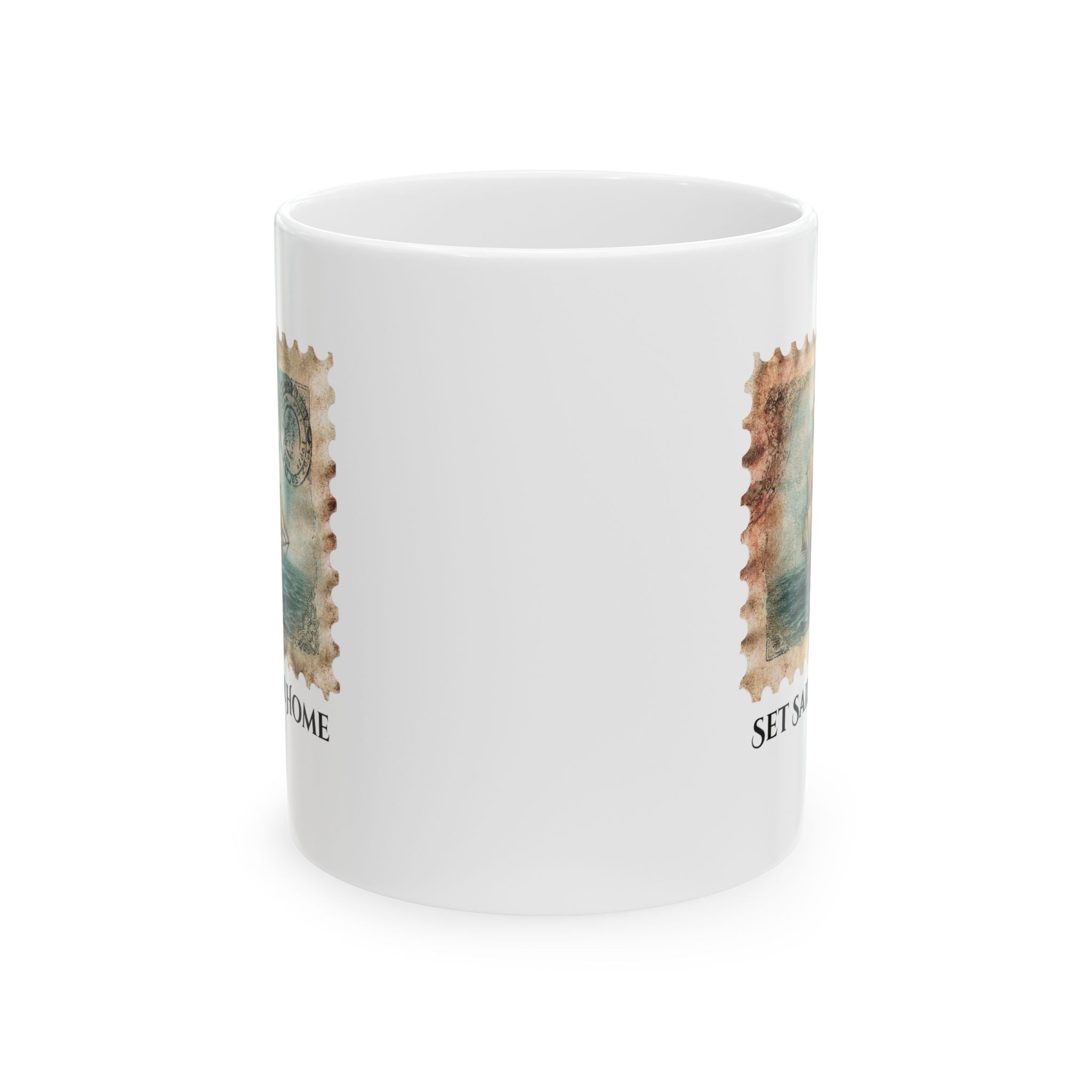 White mug with nautical design and text on a white background