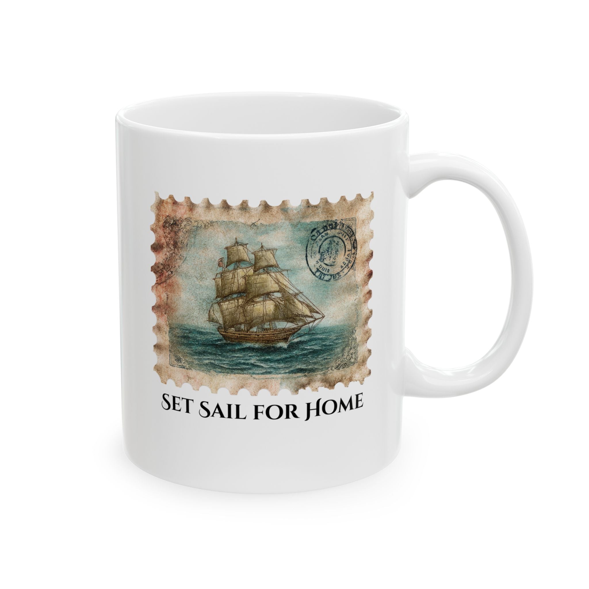 White mug with a ship stamp design and 'Set Sail for Home' text on a white background