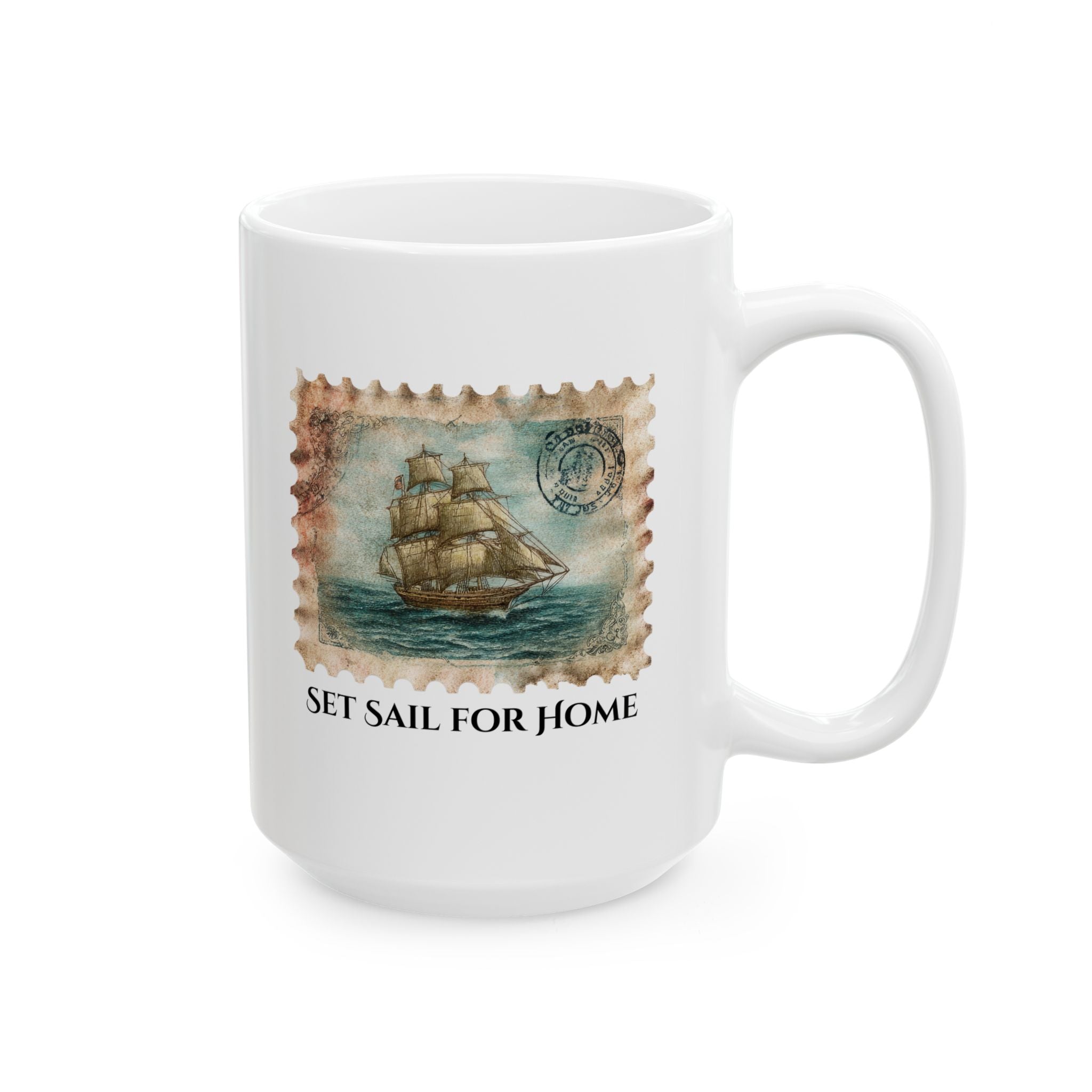 White mug with a ship stamp design and 'Set Sail for Home' text on a white background