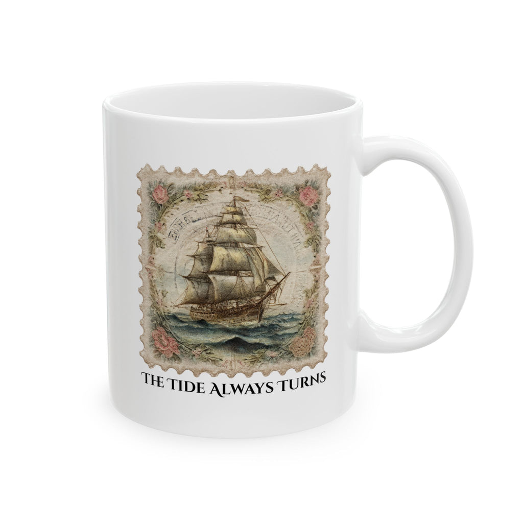 White mug with a vintage ship design and 'The Tide Always Turns' text on a white background