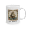 White mug with a vintage ship design and 'The Tide Always Turns' text on a white background
