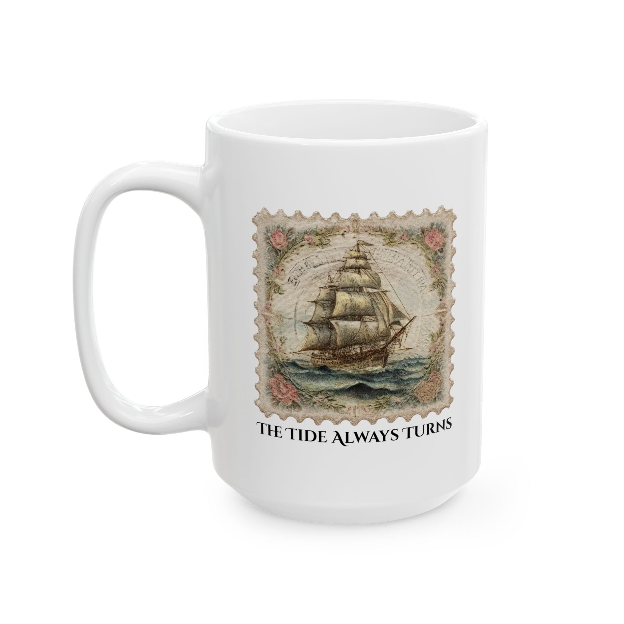 White mug with a ship design and 'The Tide Always Turns' text on a white background