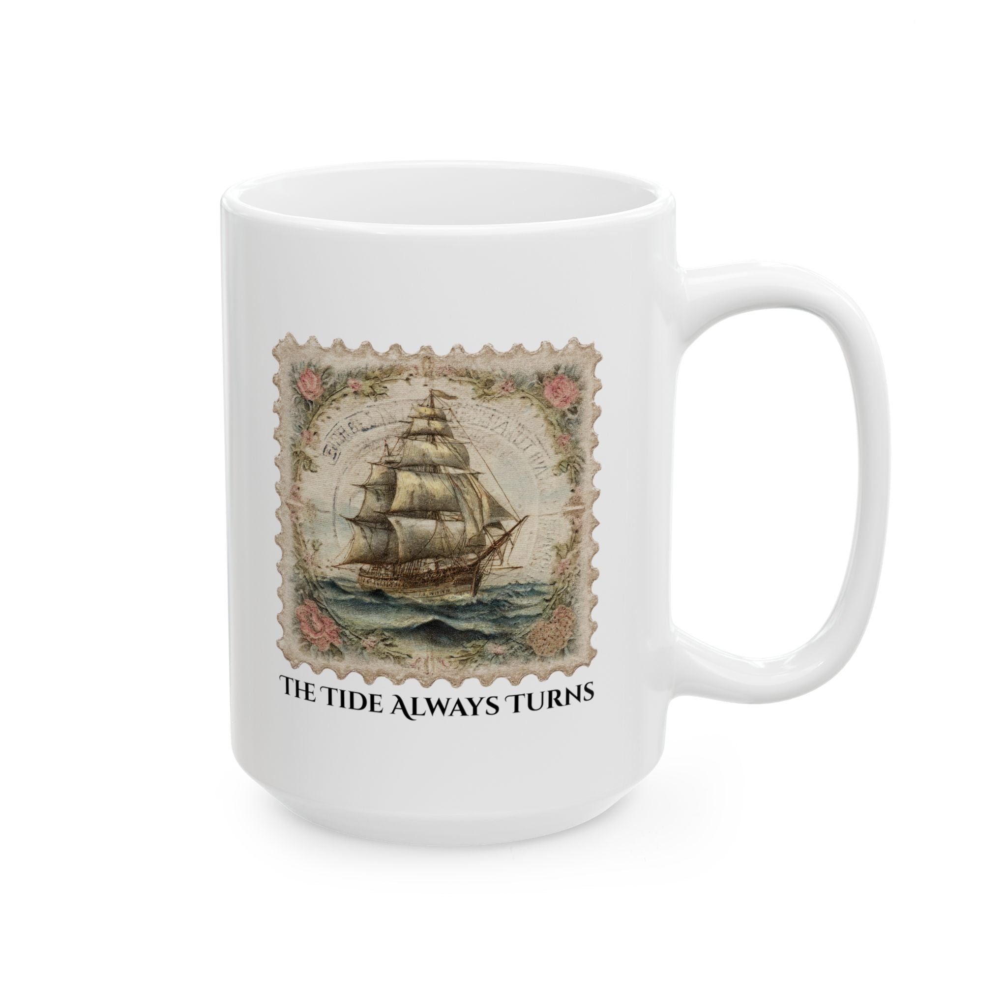 White mug with a ship design and 'The Tide Always Turns' text on a white background