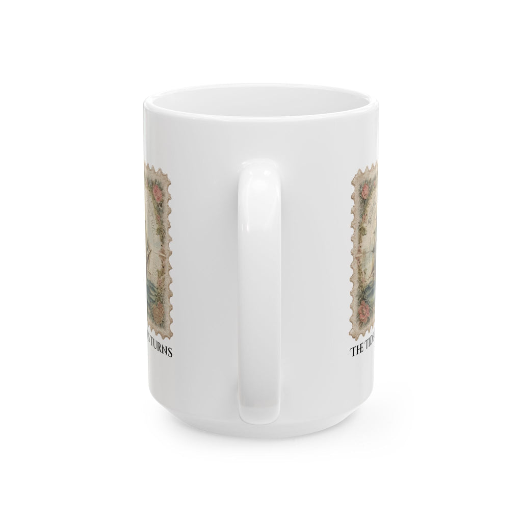 White mug with decorative patterns on a white background