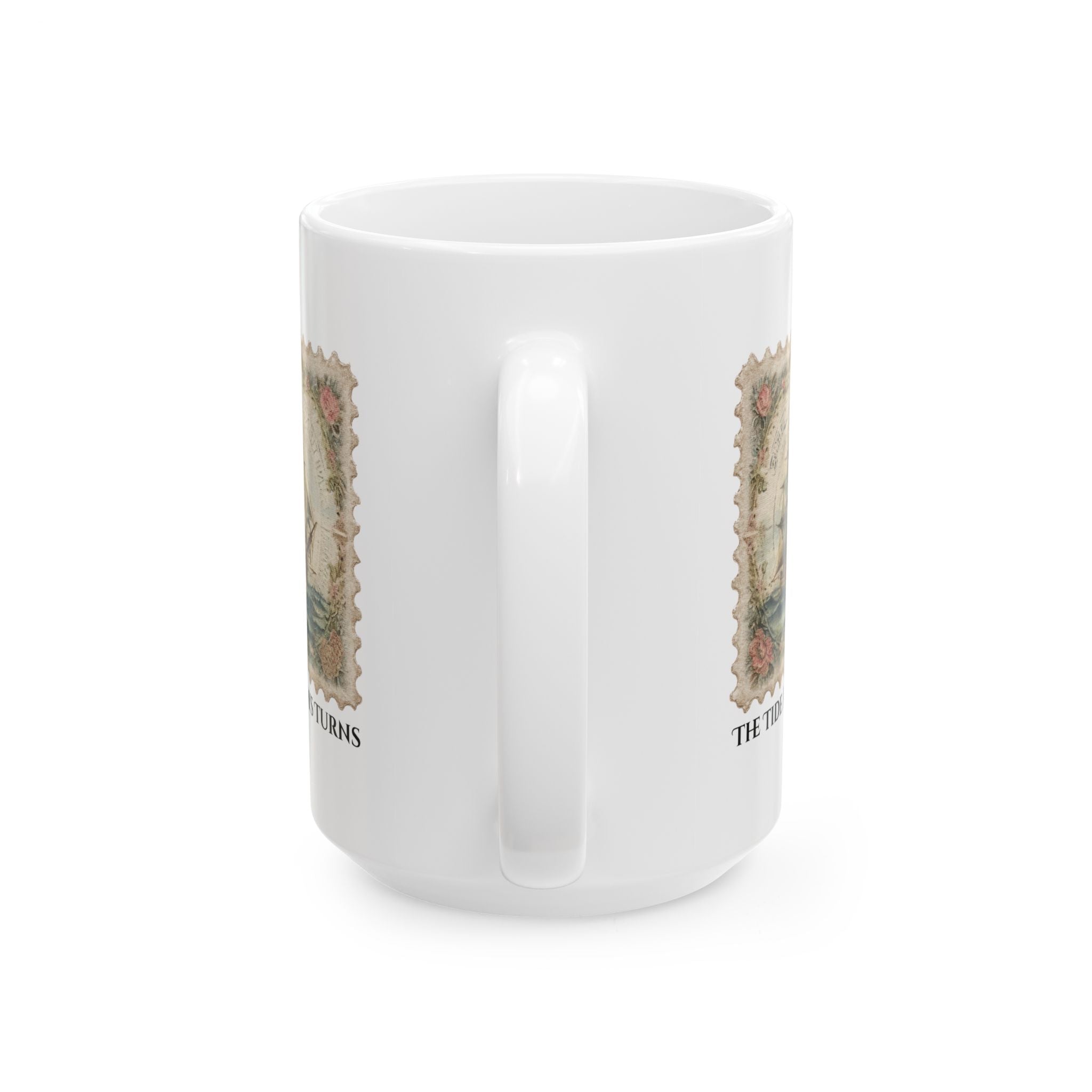 White mug with decorative patterns on a white background