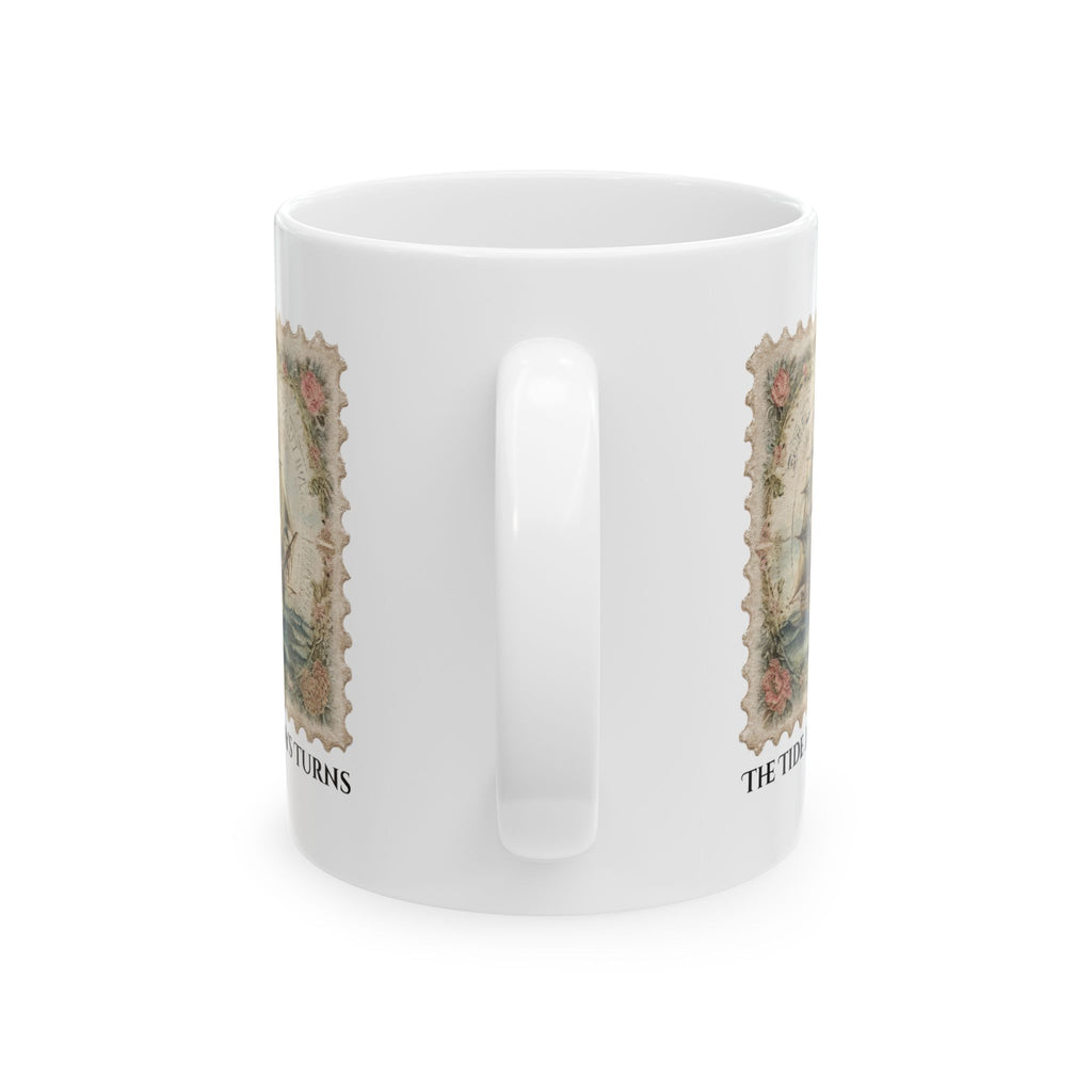 White mug with vintage stamp design on a white background