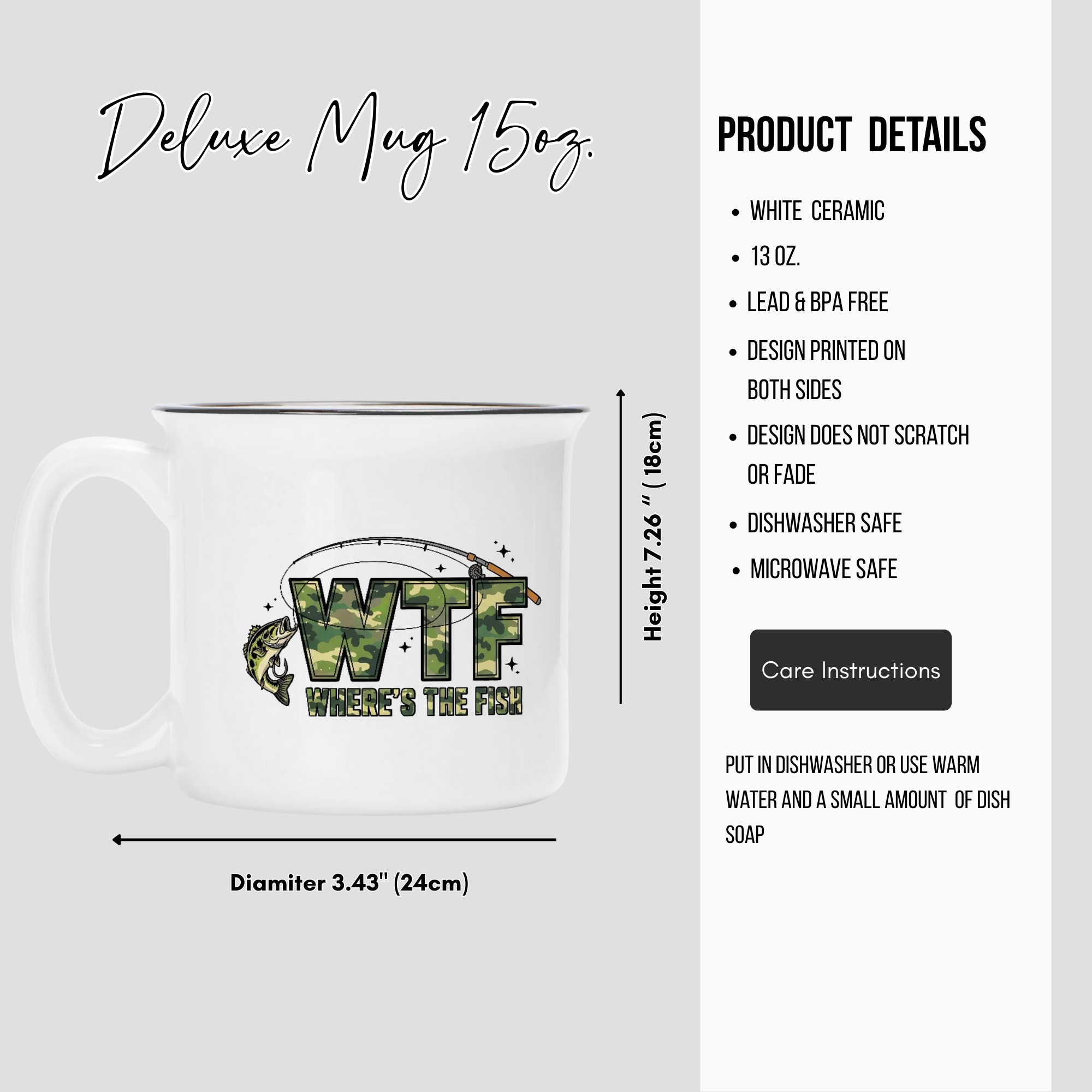 White ceramic mug with a design and product details on a white background