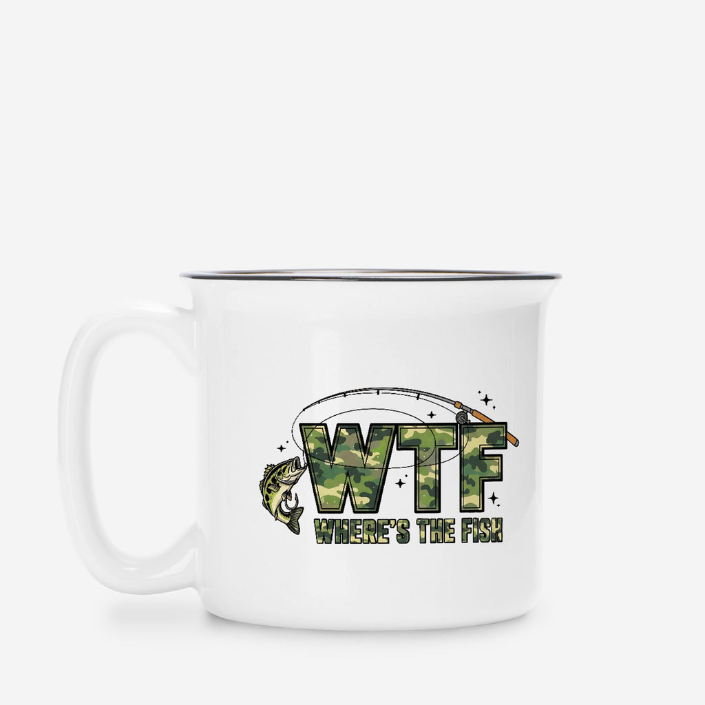 White 13oz. camp mug with ' WTF Where's The Fish' design on a white background