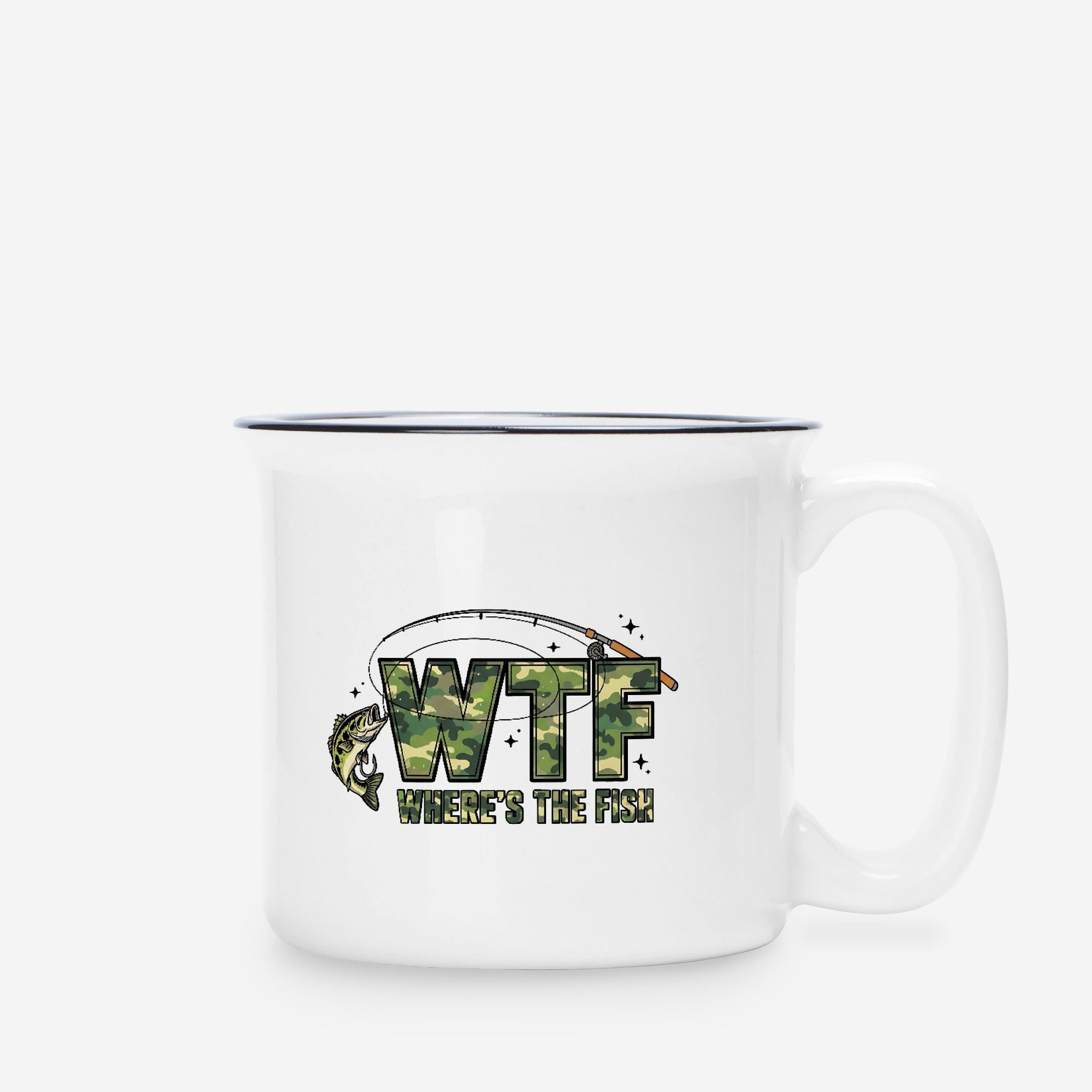White 13oz. camp mug with 'WTF Where's The Fish' design on a white background