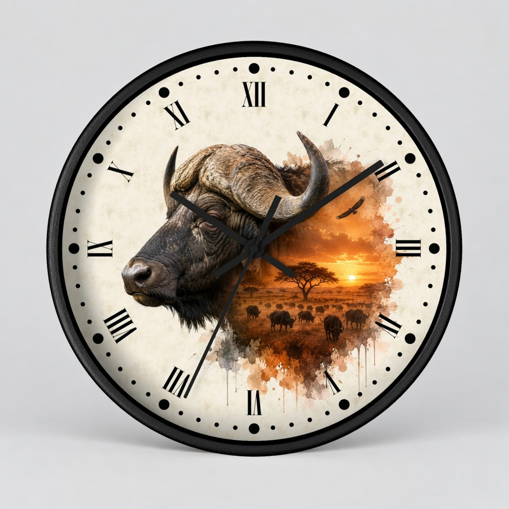 A round wall clock with a black frame and Roman numerals, featuring a watercolor-style design of a buffalo head on the left and an African savanna sunset scene on the right.