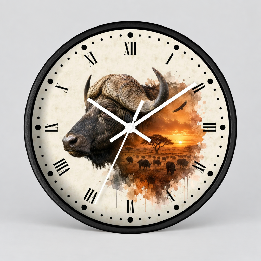 A round wall clock with a black frame and a safari-themed watercolor design on the face, featuring an African buffalo, acacia trees, and an orange sunset over a savanna. The clock has black Roman numerals and white hands against a light gray background.