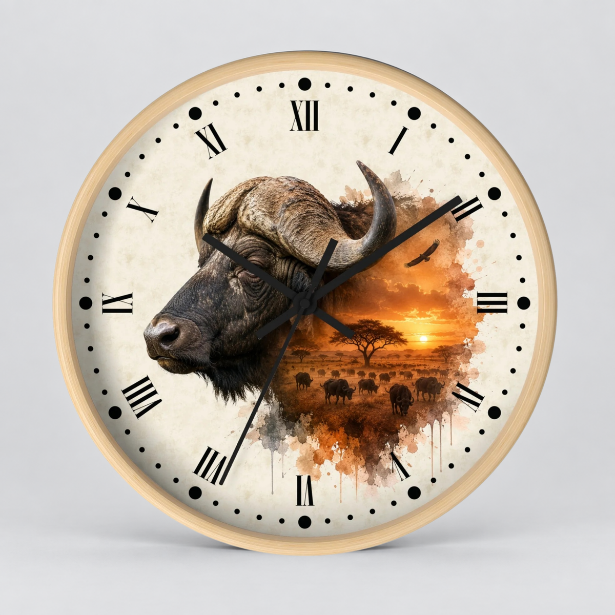 A round wall clock with a light wood frame and a printed safari-themed dial. The clock face features a large watercolor-style buffalo head on the left, black Roman numerals, black clock hands, and a warm orange sunset scene with small herd animals and trees on the right.