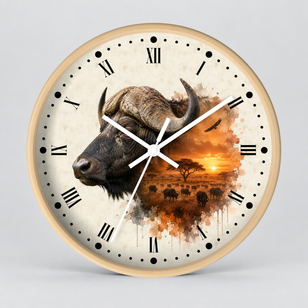 A round wall clock with a light wood frame and a printed safari-themed dial. The clock face features a large buffalo head on the left, a sunset landscape with acacia trees on the right, black Roman numerals, and white clock hands against a light cream background.