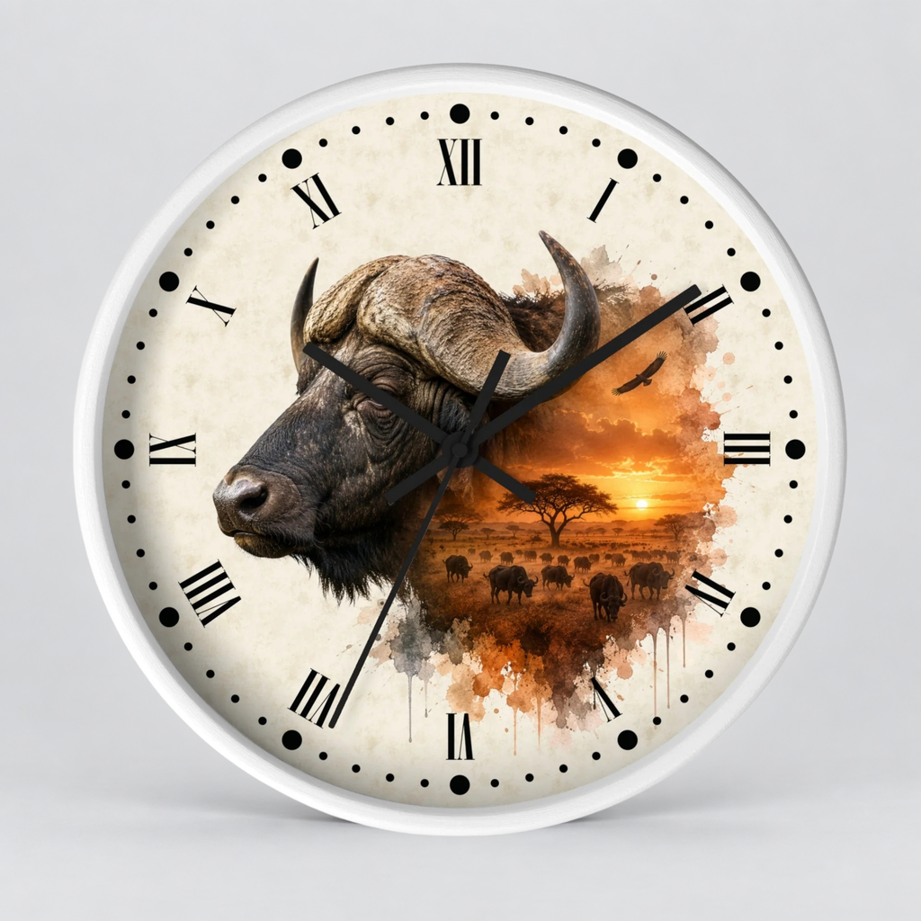 A round wall clock with a white frame and a printed safari design. The clock face features a large watercolor-style buffalo head on the left, black Roman numerals, black hour markers with dot details, and a warm orange sunset landscape with silhouettes of trees and animals on the right.