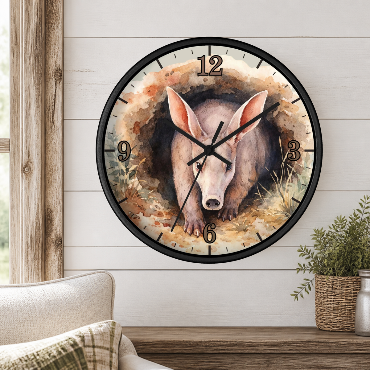 Aardvark Watercolor Wall Clock — Whimsical Wildlife Home Décor