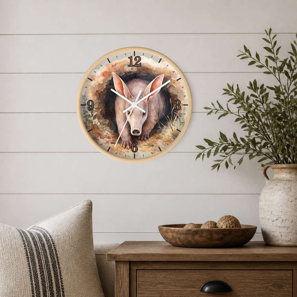 Aardvark Watercolor Wall Clock — Whimsical Wildlife Home Décor