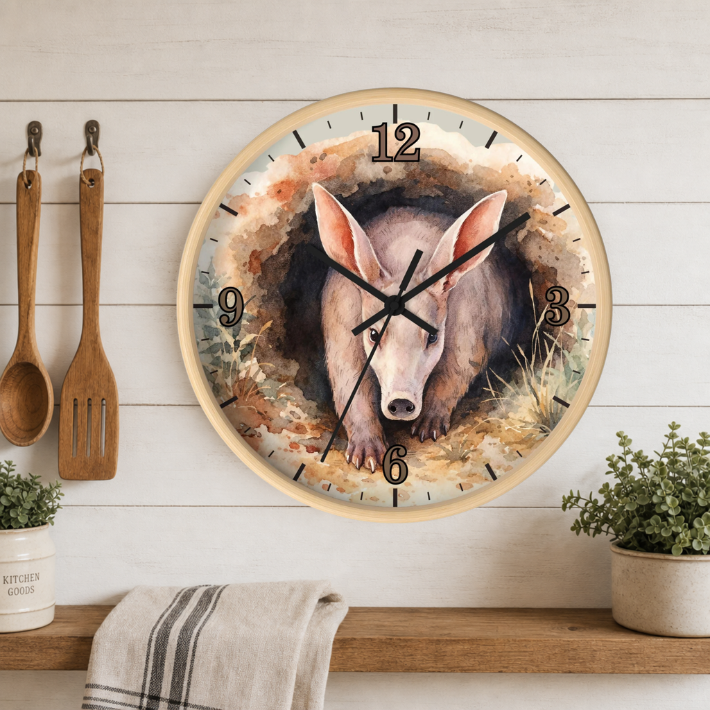 Aardvark Watercolor Wall Clock — Whimsical Wildlife Home Décor