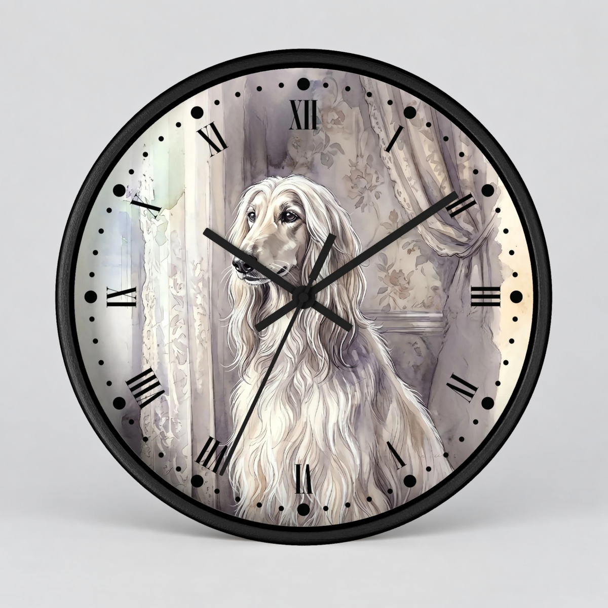 Round wall clock with a black frame and hands, featuring an illustrated Afghan hound portrait on the clock face with Roman numeral hour markers and a light gray background.