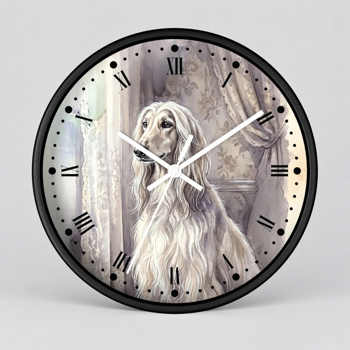 Round wall clock with a black frame and a printed illustration of a long-haired white dog in a vintage interior. The clock face has black Roman numerals, black hour markers, white hands, and a light gray background.